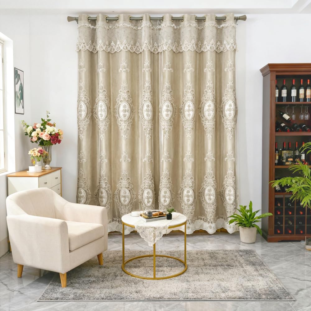 Amidoudou 1 Pair European Double Layer Curtains with Valances for Living Room Bedroom Luxury 3D Flower Embroidered Curtains (Yellow,52x96 Inch)