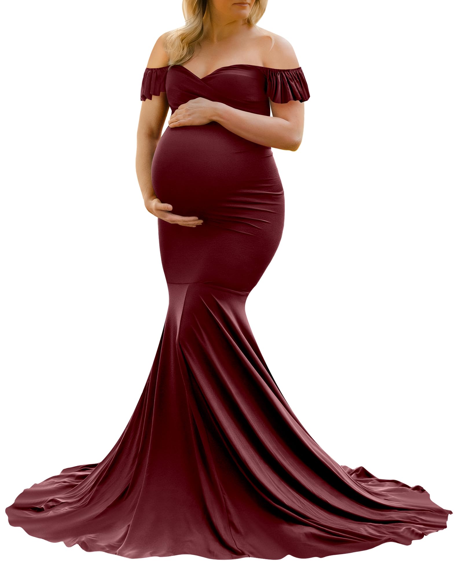 Saslax Off Shoulder Ruffle Sleeves Elegant Fitted Maxi Maternity Dress for Photoshoot Baby Shower