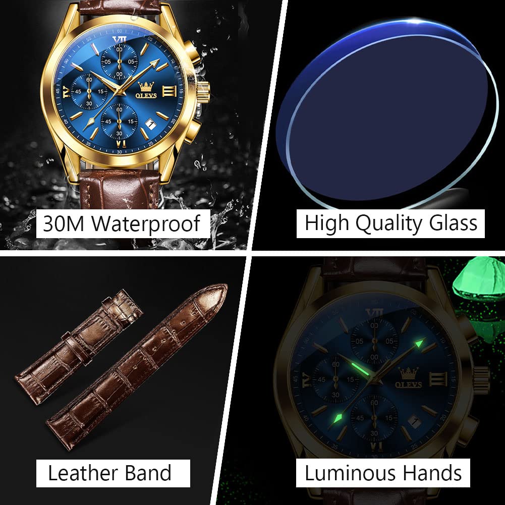 OLEVS Men's Casual Leather Watch, Big Face Chronograph Watch for Men, Fashion Easy to Read Dress Watch, Men's Waterproof Luminous Date Analog Watch, Gold/Black/White/Blue Dial