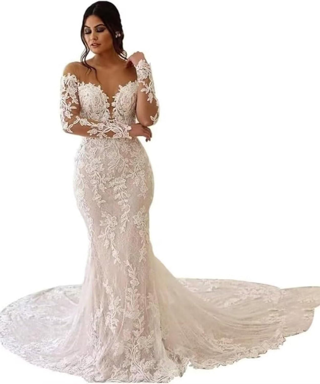 Boho Wedding Dress for Bride Mermaid Lace Applique Beach Bridal Gowns BOFD5