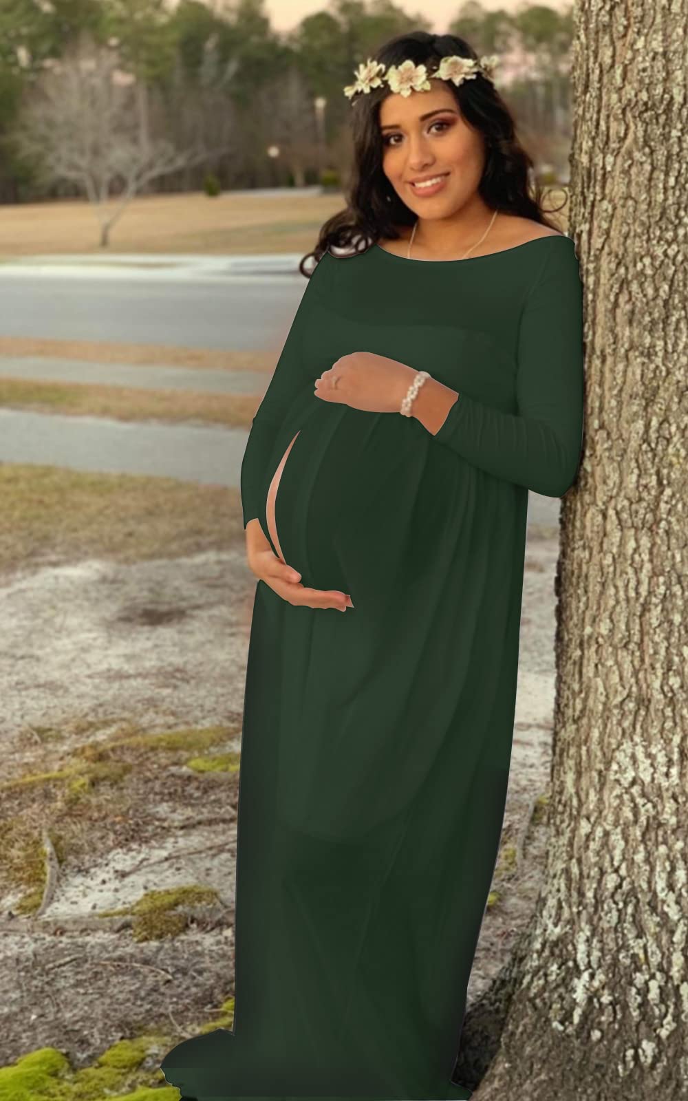 Mommy Jennie Maternity Dress Off Shoulder Long Sleeve Split Front Chiffon Gown for Photoshoot
