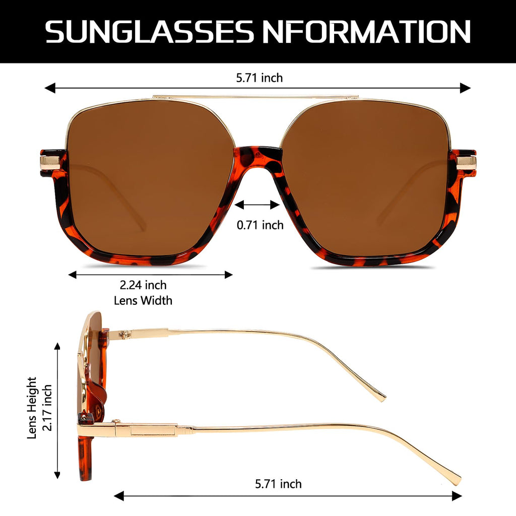 GUVIVI Retro Oversized Aviator Sunglasses for Women Men Square Double Bridge Pilot Sun Glasses 70s Trendy Shades