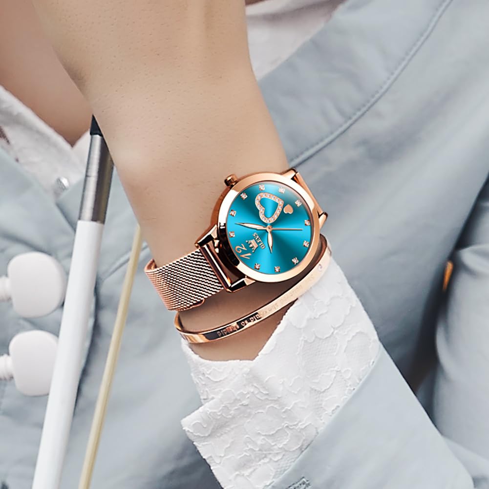 OLEVS Rose Gold Watch for Women Mesh Strap Fashion Dress Hearts Japanese Quartz Waterproof Luminous Ladies Watches Bracelet Sets