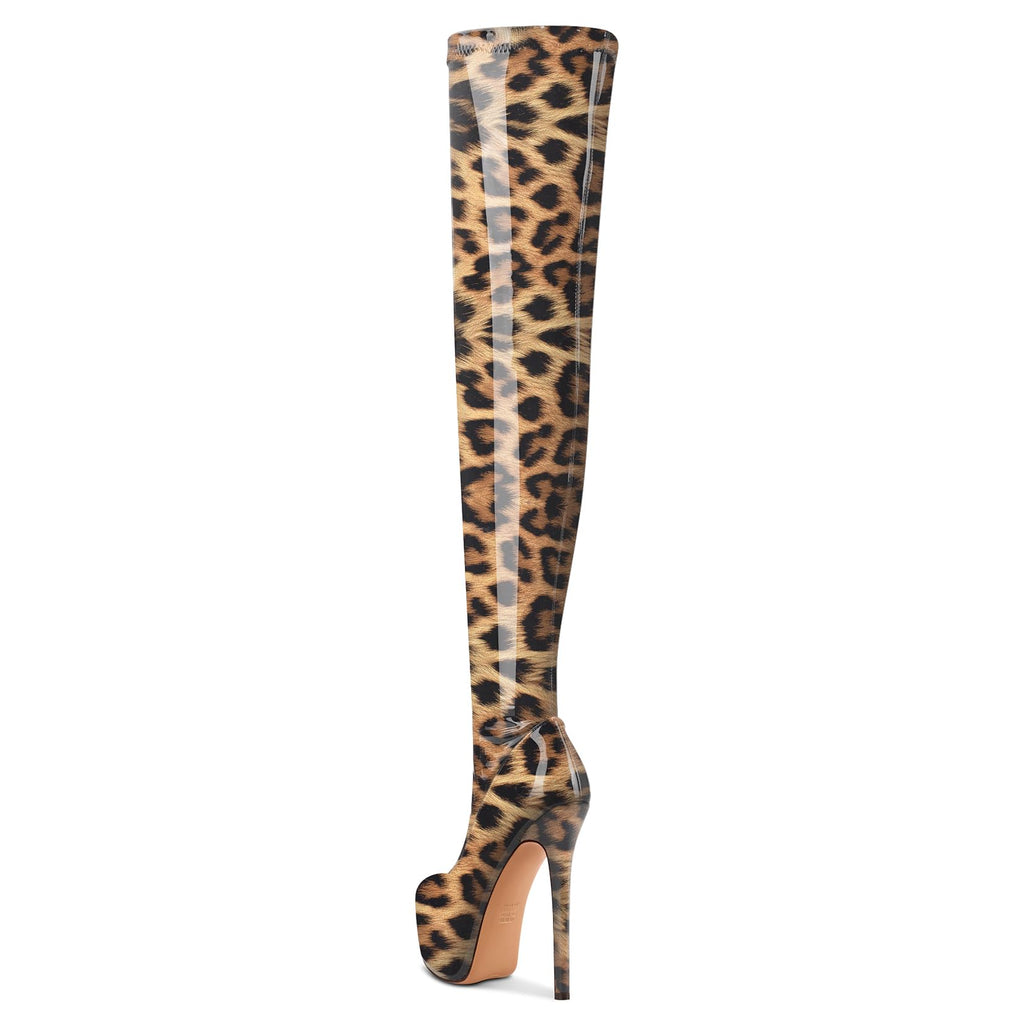 Aachcol Patent Leather Over The Knee Stiletto Boots Platform Thigh High Boots Round Toe Side Zipper Sexy Dress High Heel Boots 5.9 Inches Heels