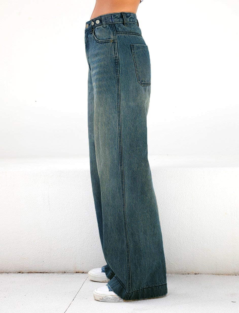 EMMIOL Women Baggy Jeans Mid-Low Waist Boyfriend Streetwear Vintage Jeans Wide Leg Denim Pants