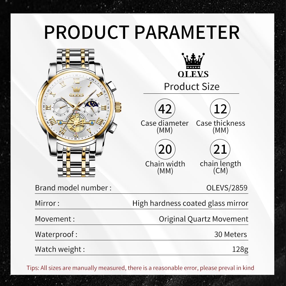 OLEVS Watches Men Waterproof Luxury Big Face Mens Watch Stainless Steel Quartz Analog Dress Watches for Men Luminous Multifunction Man Watch Relojes De Hombre