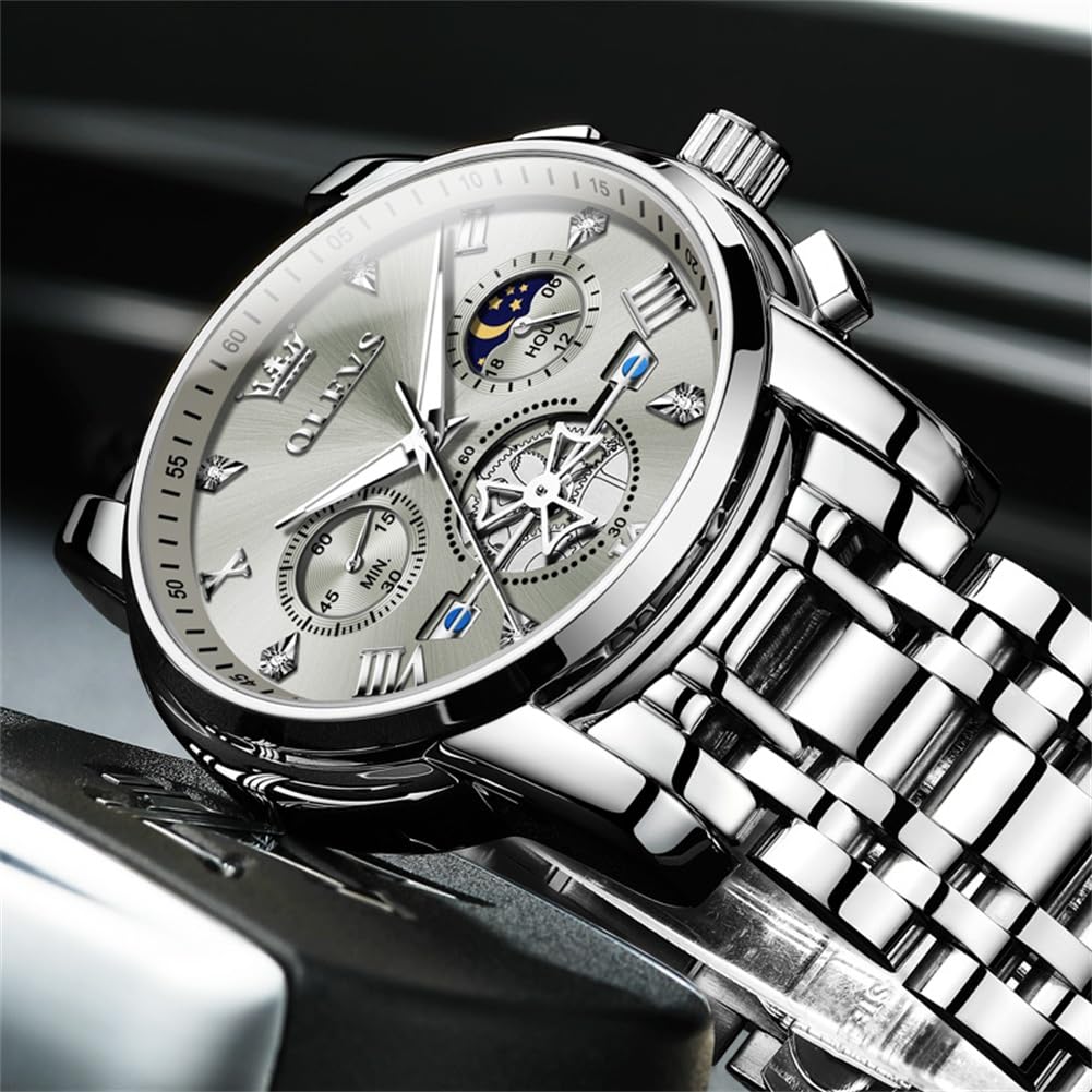 OLEVS Watches Men Waterproof Luxury Big Face Mens Watch Stainless Steel Quartz Analog Dress Watches for Men Luminous Multifunction Man Watch Relojes De Hombre