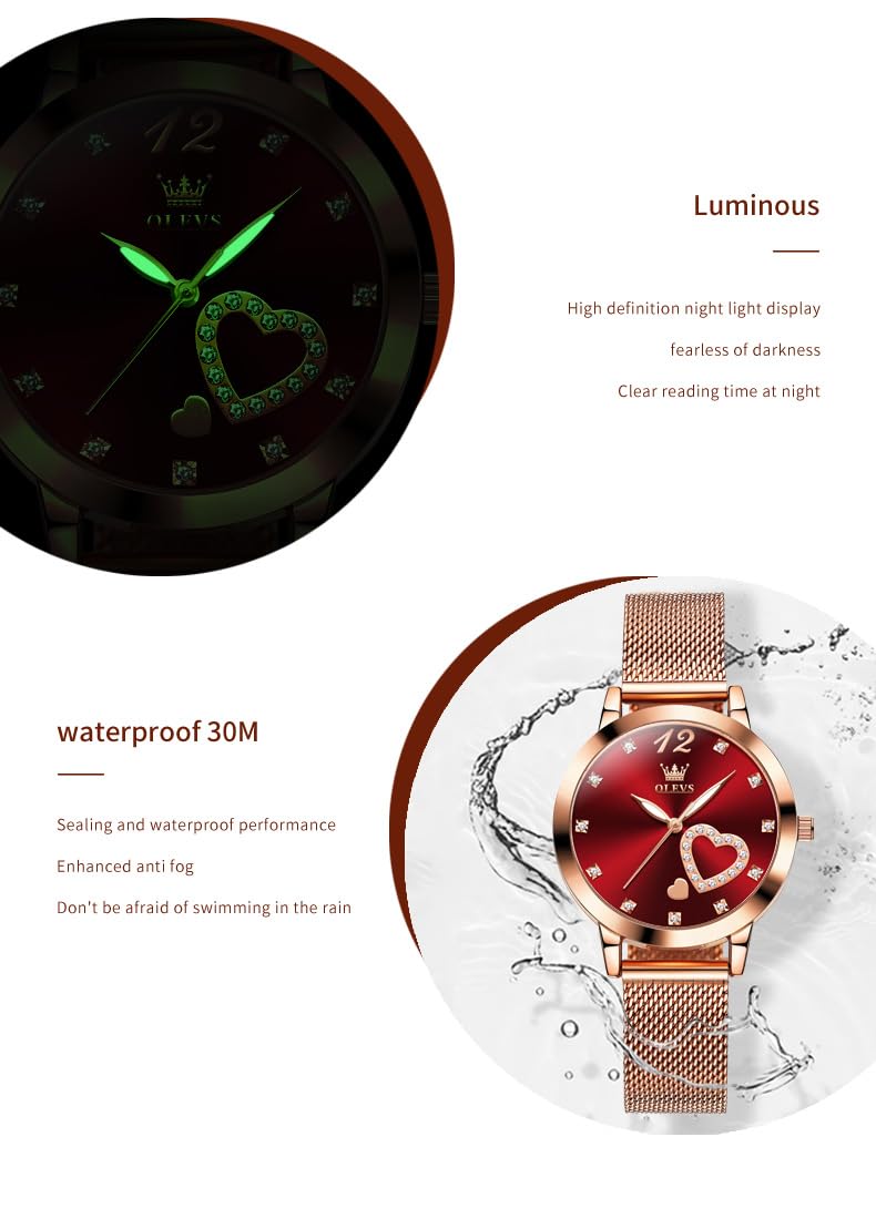 OLEVS Rose Gold Watch for Women Mesh Strap Fashion Dress Hearts Japanese Quartz Waterproof Luminous Ladies Watches Bracelet Sets