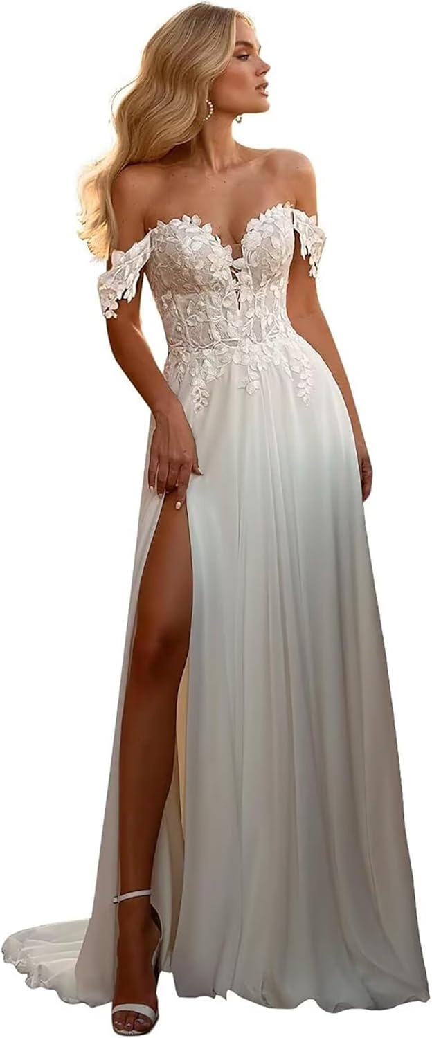 Lace Wedding Dresses for Bride Mermaid V Neck Boho Beach Bridal Gowns with Train BOF30