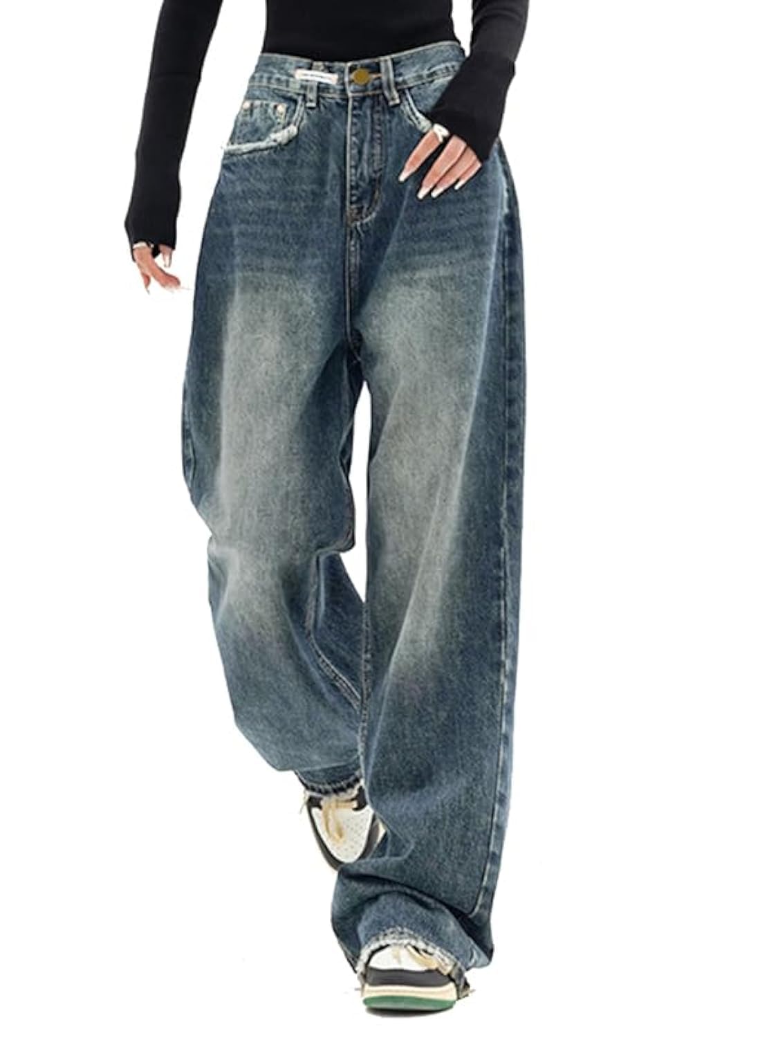 EMMIOL Women Baggy Jeans Mid-Low Waist Boyfriend Streetwear Vintage Jeans Wide Leg Denim Pants