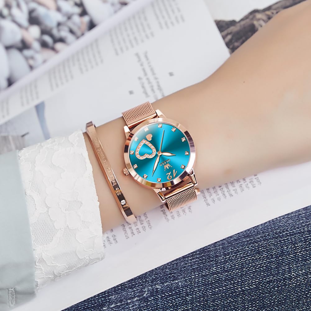 OLEVS Rose Gold Watch for Women Mesh Strap Fashion Dress Hearts Japanese Quartz Waterproof Luminous Ladies Watches Bracelet Sets
