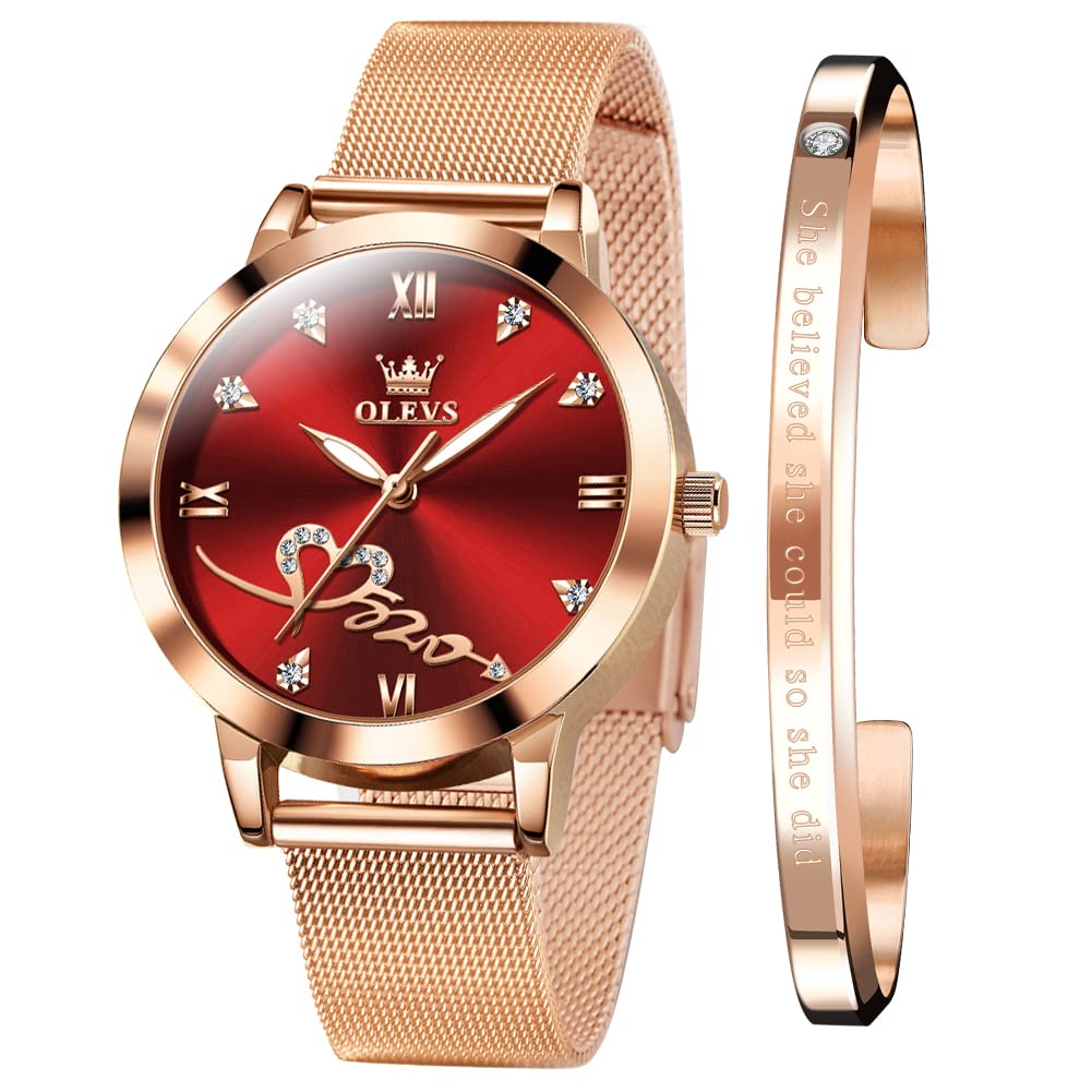 OLEVS Rose Gold Watch for Women Mesh Strap Fashion Dress Hearts Japanese Quartz Waterproof Luminous Ladies Watches Bracelet Sets
