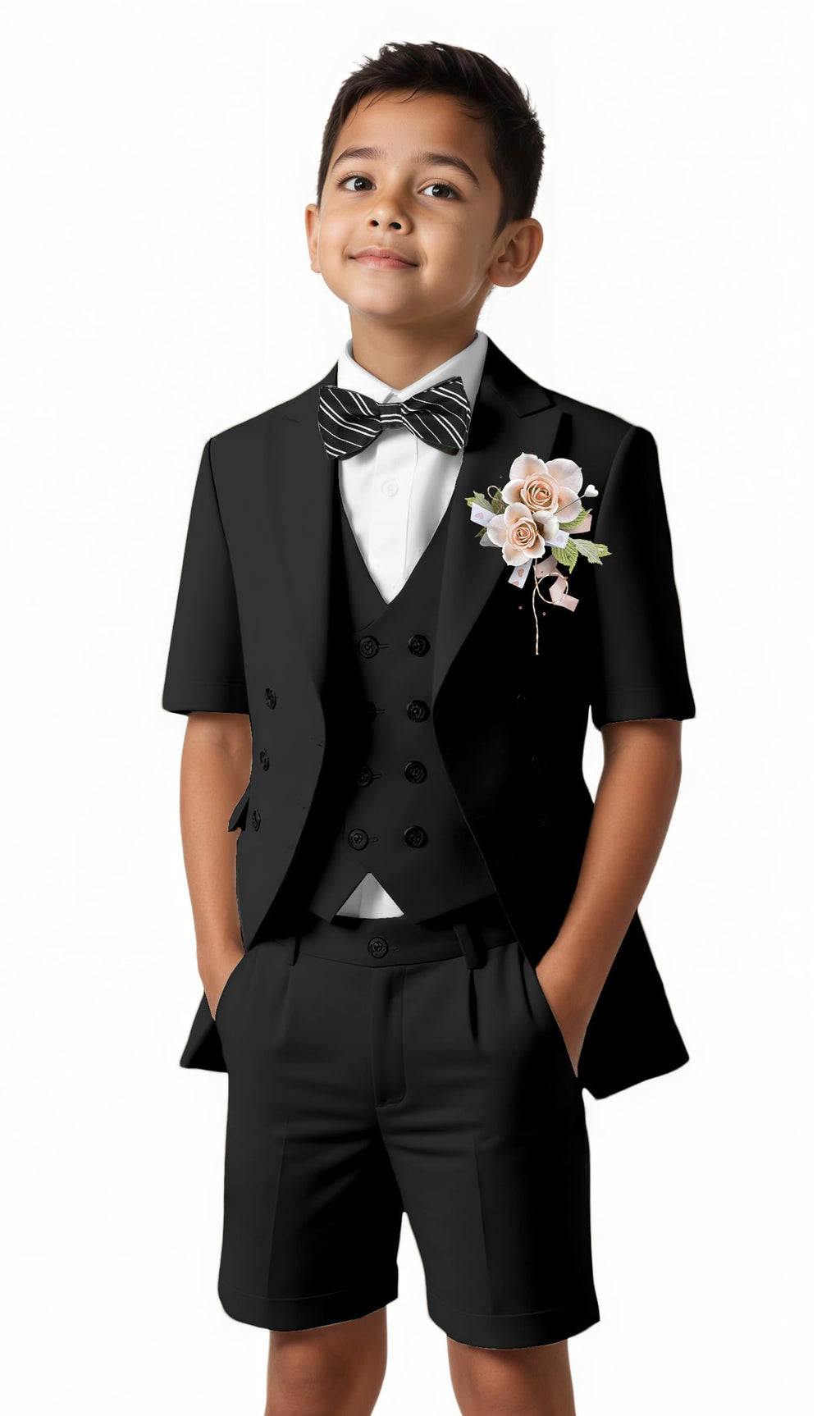 Short Suits for Boys Kid 6 Pieces Summer Tuxedo Formal Suit Beach Wedding Outfit for Teens Jacket Vest Shorts Pants Set