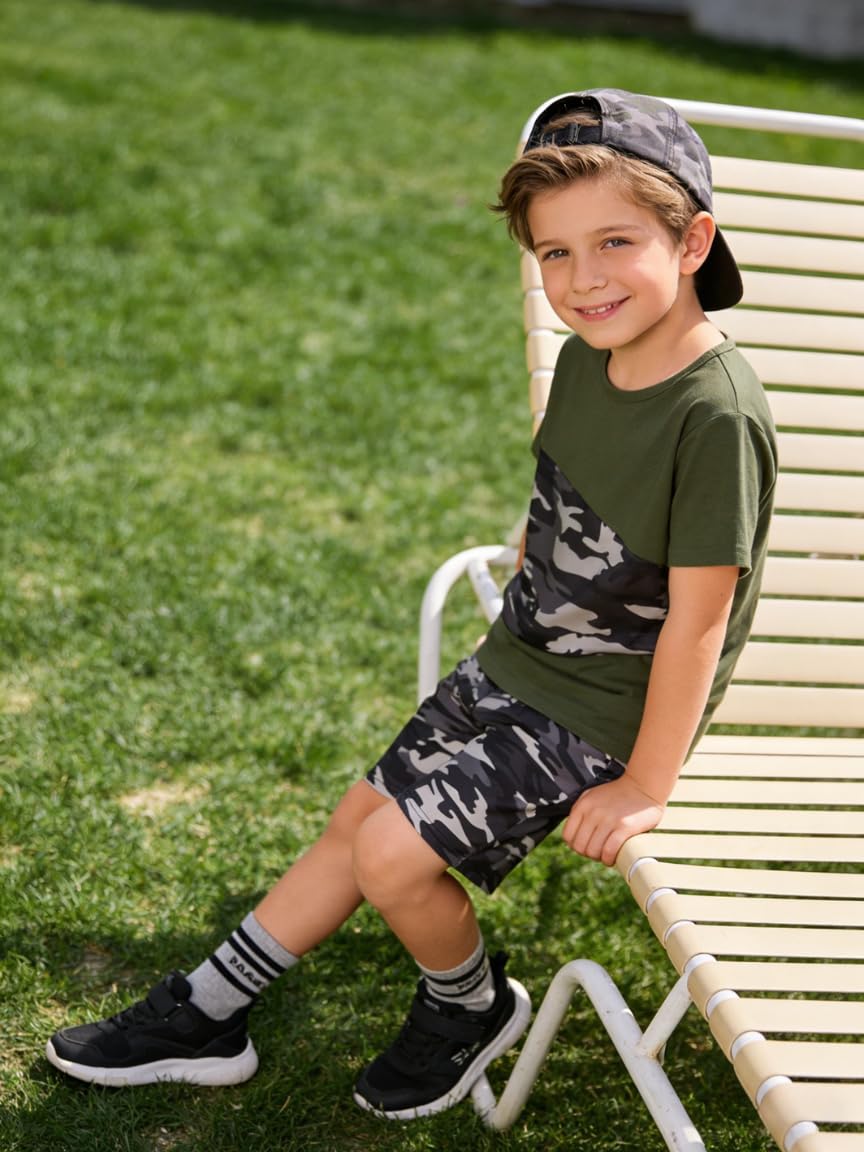 Azmxynol Tween Boys Clothes Daily Casual Short Sleeve Top + Cargo Shorts 2 Pieces Outfit Set, Size 6-14 Years