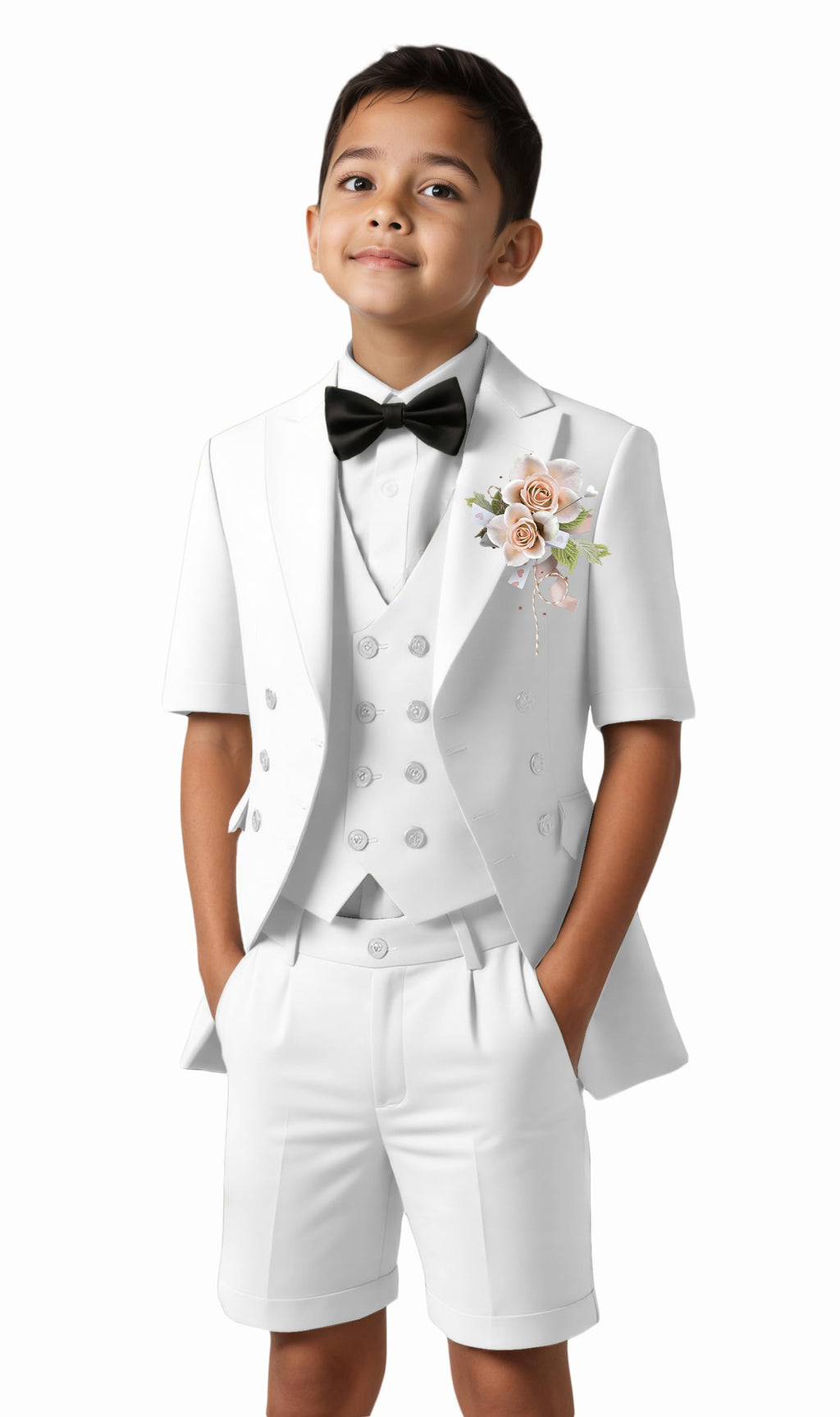 Short Suits for Boys Kid 6 Pieces Summer Tuxedo Formal Suit Beach Wedding Outfit for Teens Jacket Vest Shorts Pants Set