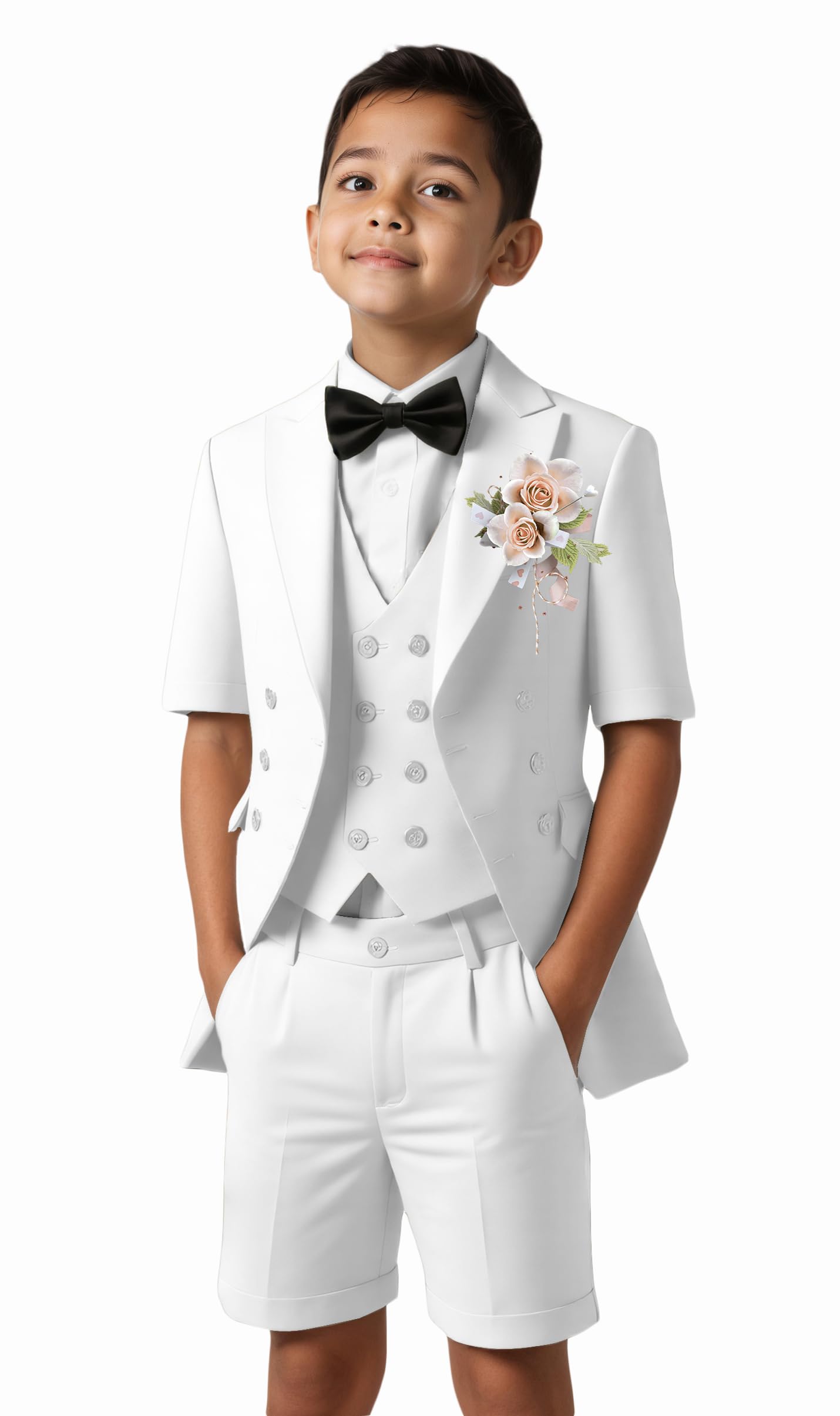 Short Suits for Boys Kid 6 Pieces Summer Tuxedo Formal Suit Beach Wedding Outfit for Teens Jacket Vest Shorts Pants Set