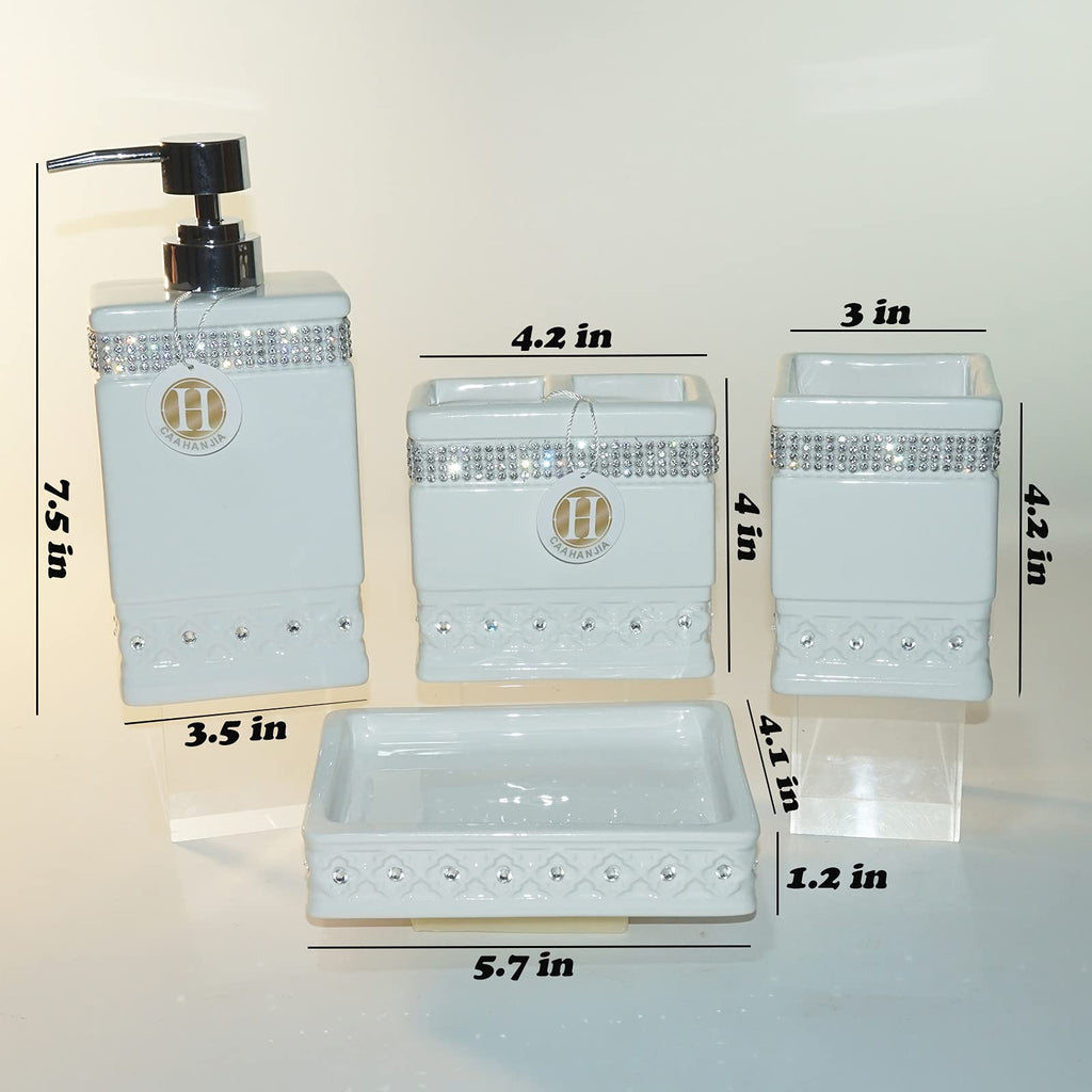 Bathroom Accessories Set 4 Pcs-Ceramic Gift Set Soap Dispenser Pump & Toothbrush Holder & Tumbler Cup & Soap Dish - Bathroom Home Decor Clearance, Countertop Vanity Organize (15 Ounce)
