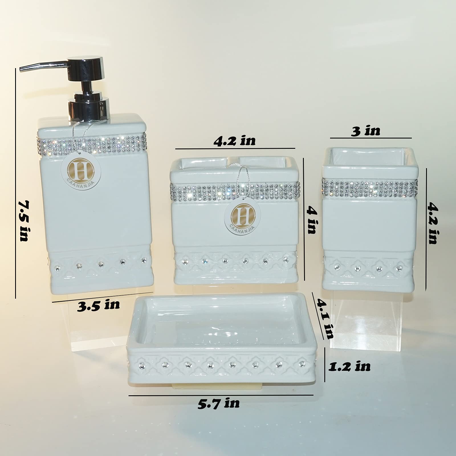 Bathroom Accessories Set 4 Pcs-Ceramic Gift Set Soap Dispenser Pump & Toothbrush Holder & Tumbler Cup & Soap Dish - Bathroom Home Decor Clearance, Countertop Vanity Organize (15 Ounce)
