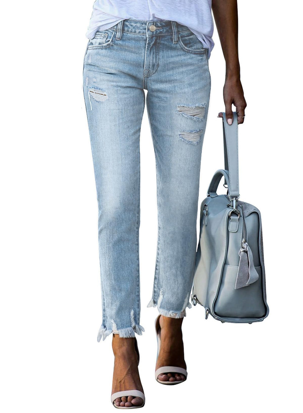EVALESS Women's High Waisted Tummy Control Straight Ankle Ripped Jeans