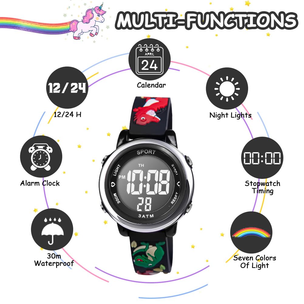 Vicloon Kids Watch, Toddler Digital Watch, Digital Watch LED Electrical Watches 7 Color Lights Watch Sport Outdoor with Alarm Stopwatch Unicorn Toys Gift for 6-12 Year Girls Children Wristwatch