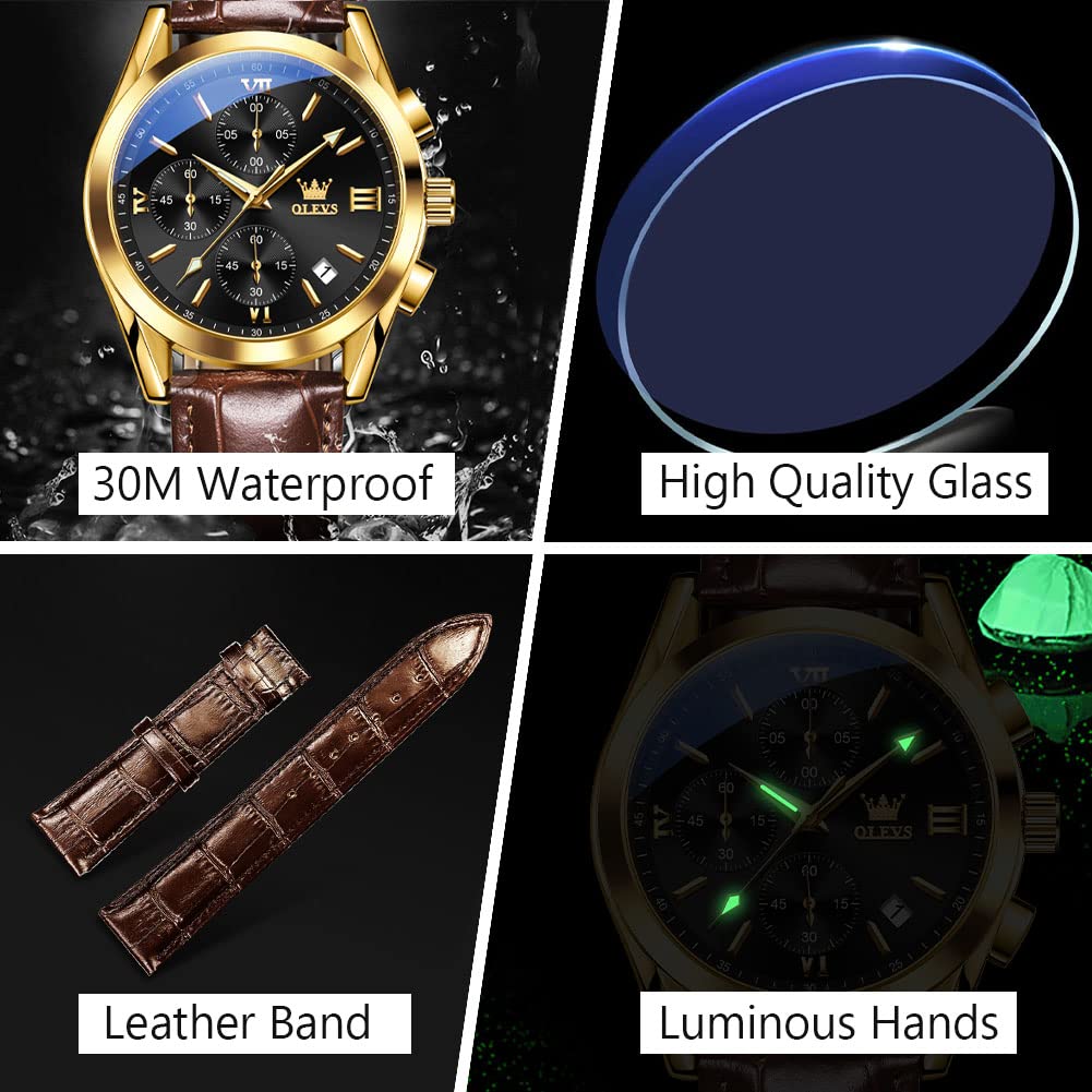 OLEVS Men's Casual Leather Watch, Big Face Chronograph Watch for Men, Fashion Easy to Read Dress Watch, Men's Waterproof Luminous Date Analog Watch, Gold/Black/White/Blue Dial
