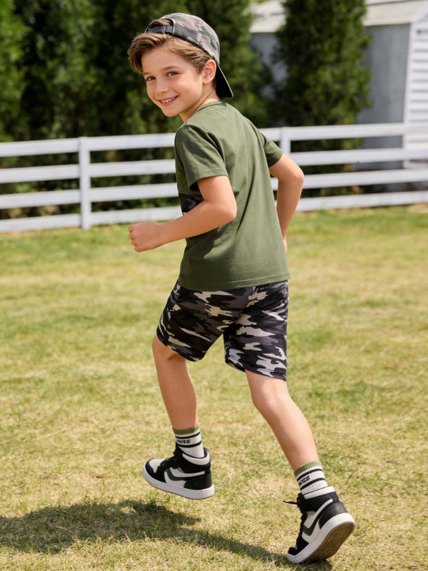 Azmxynol Tween Boys Clothes Daily Casual Short Sleeve Top + Cargo Shorts 2 Pieces Outfit Set, Size 6-14 Years