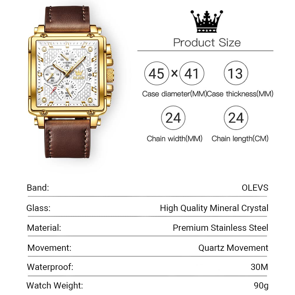 OLEVS Men's Casual Leather Watch, Big Face Chronograph Watch for Men, Fashion Easy to Read Dress Watch, Men's Waterproof Luminous Date Analog Watch, Gold/Black/White/Blue Dial