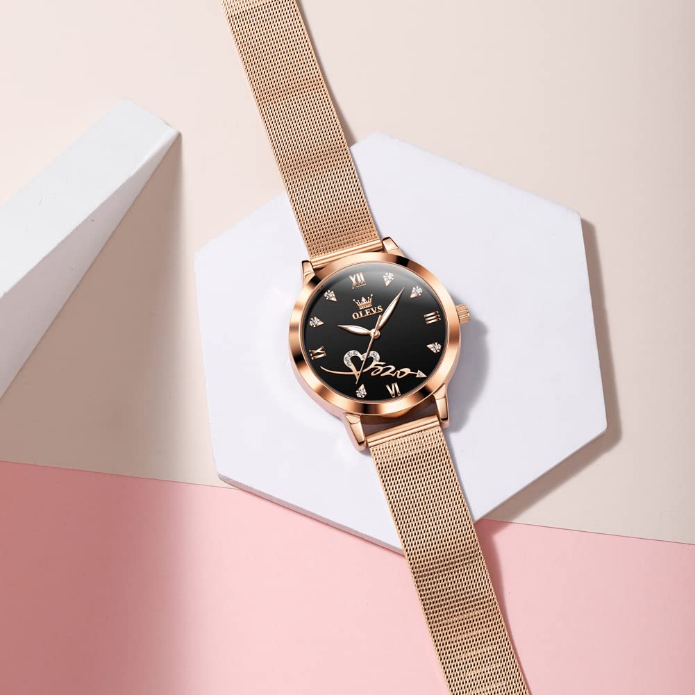 OLEVS Rose Gold Watch for Women Mesh Strap Fashion Dress Hearts Japanese Quartz Waterproof Luminous Ladies Watches Bracelet Sets