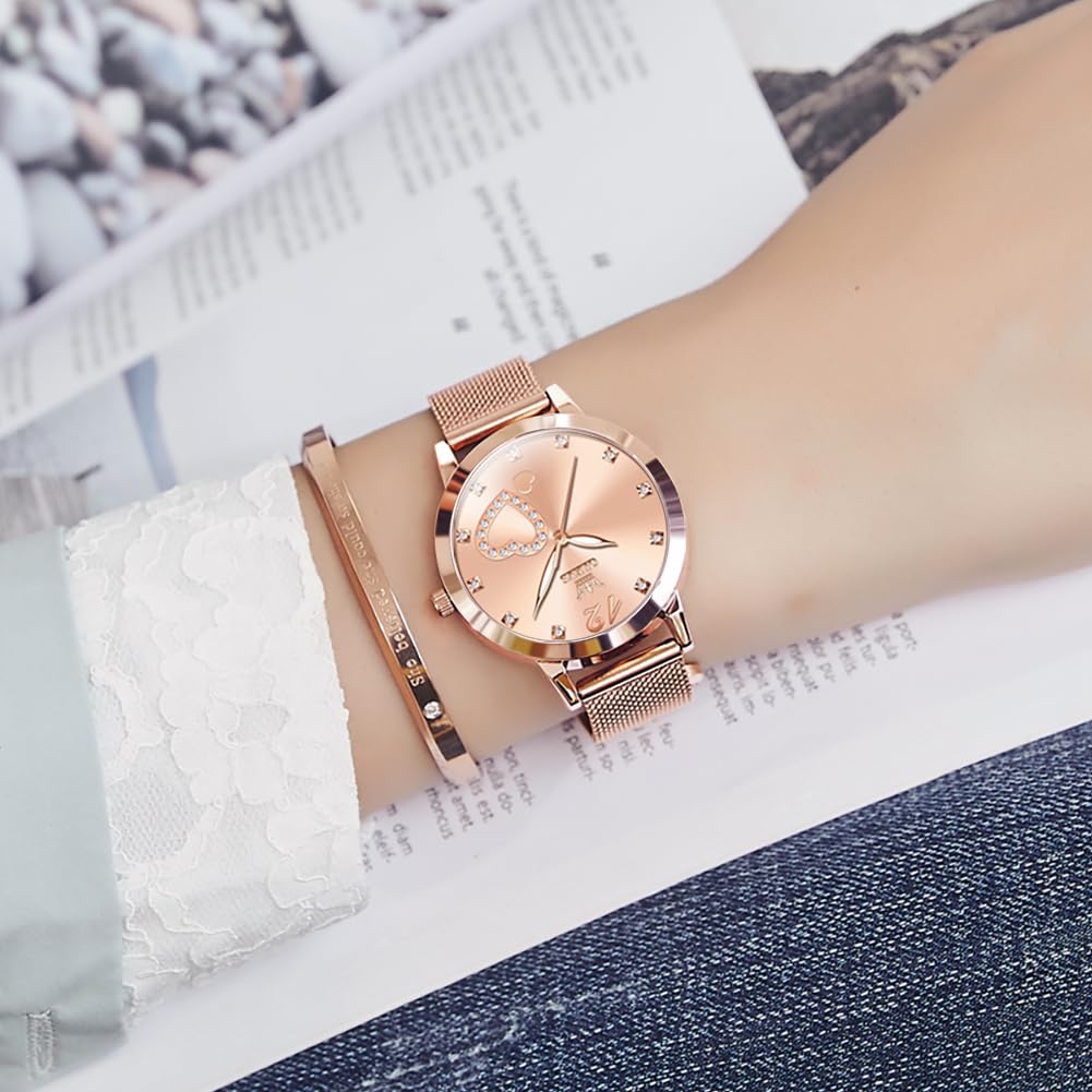 OLEVS Rose Gold Watch for Women Mesh Strap Fashion Dress Hearts Japanese Quartz Waterproof Luminous Ladies Watches Bracelet Sets