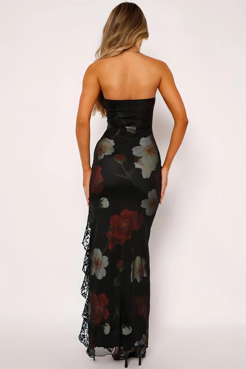 ABMOIU Women's Summer Tube Maxi Dress Strapless Sexy High Split Lace Trim Print Bodycon Long Dresses