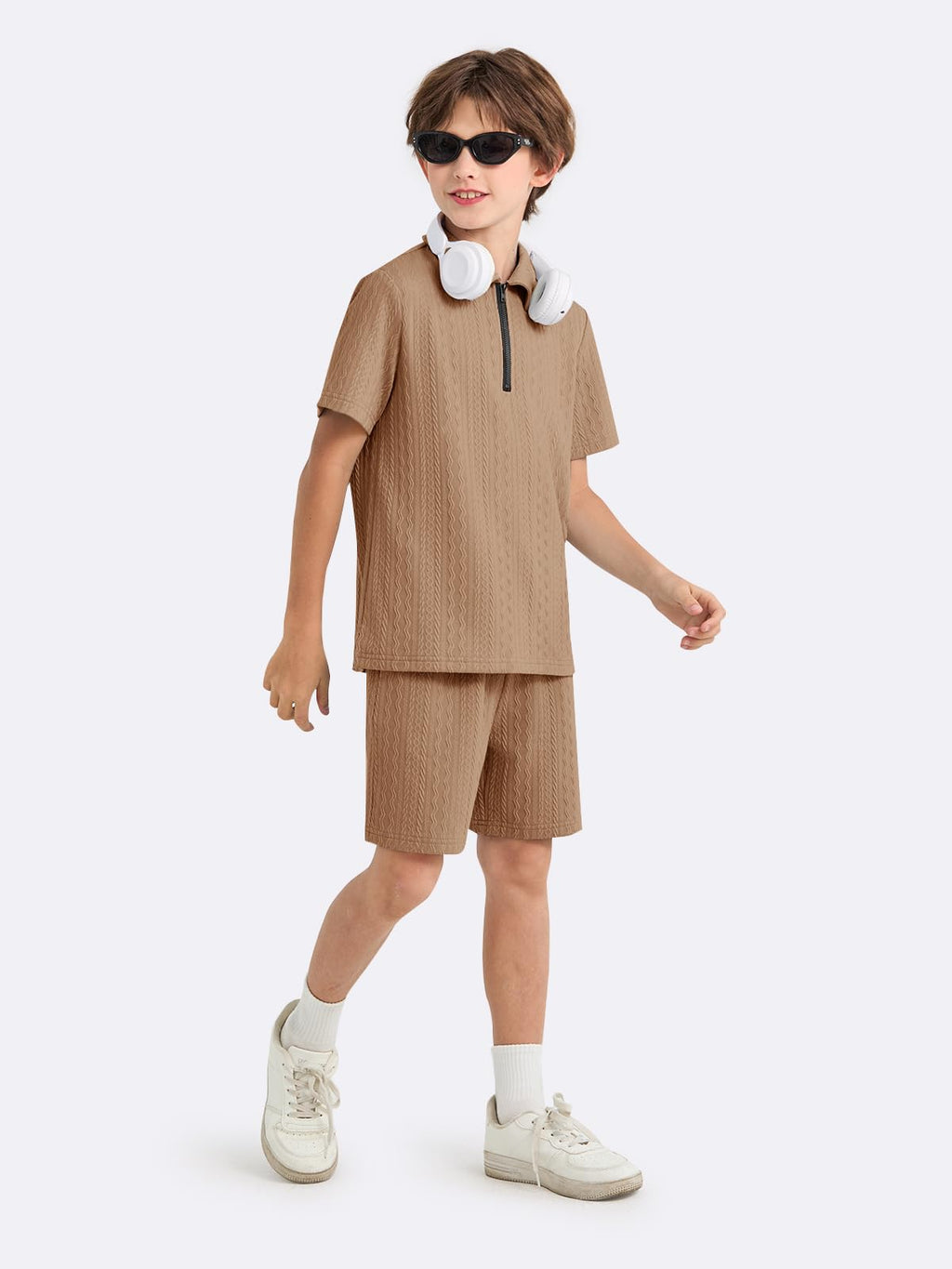 Haloumoning Boys 2 Piece Summer Outfits Kids Quarter Zip Polo Shirt and Shorts Set Athletic Tracksuit 5-14 Years