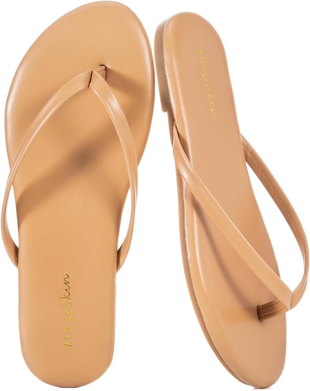 mazeskin Women's Memory Foam Comfortable Flat Thong Sandals Dressy Summer Beach Leather Slide Flip Flops