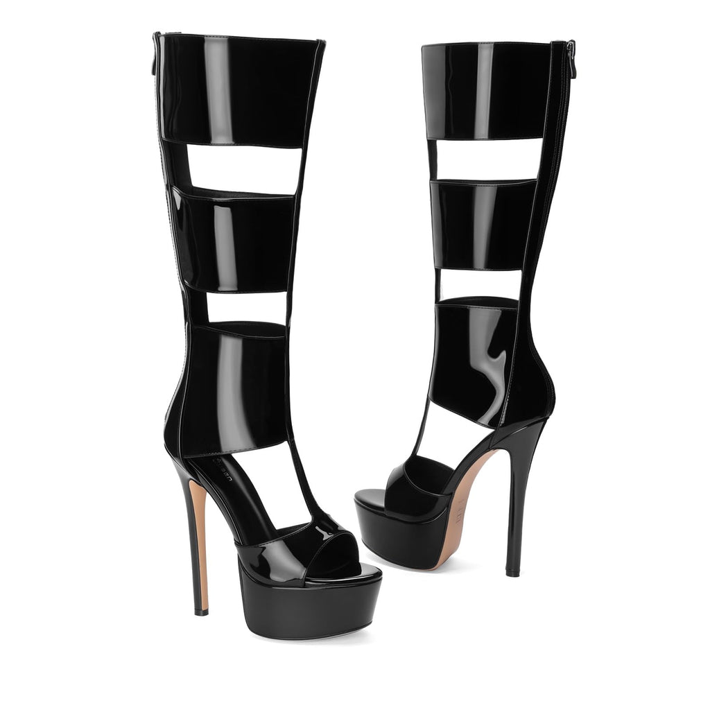 FancyQueen Platform Knee High Sandals for Women, Gladiator Open Toe Summer Booties Black Heels Sandal Boots, Sexy Style Casual for Party