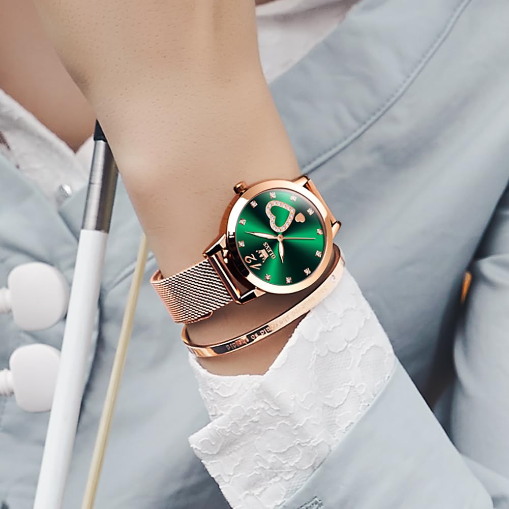 OLEVS Rose Gold Watch for Women Mesh Strap Fashion Dress Hearts Japanese Quartz Waterproof Luminous Ladies Watches Bracelet Sets