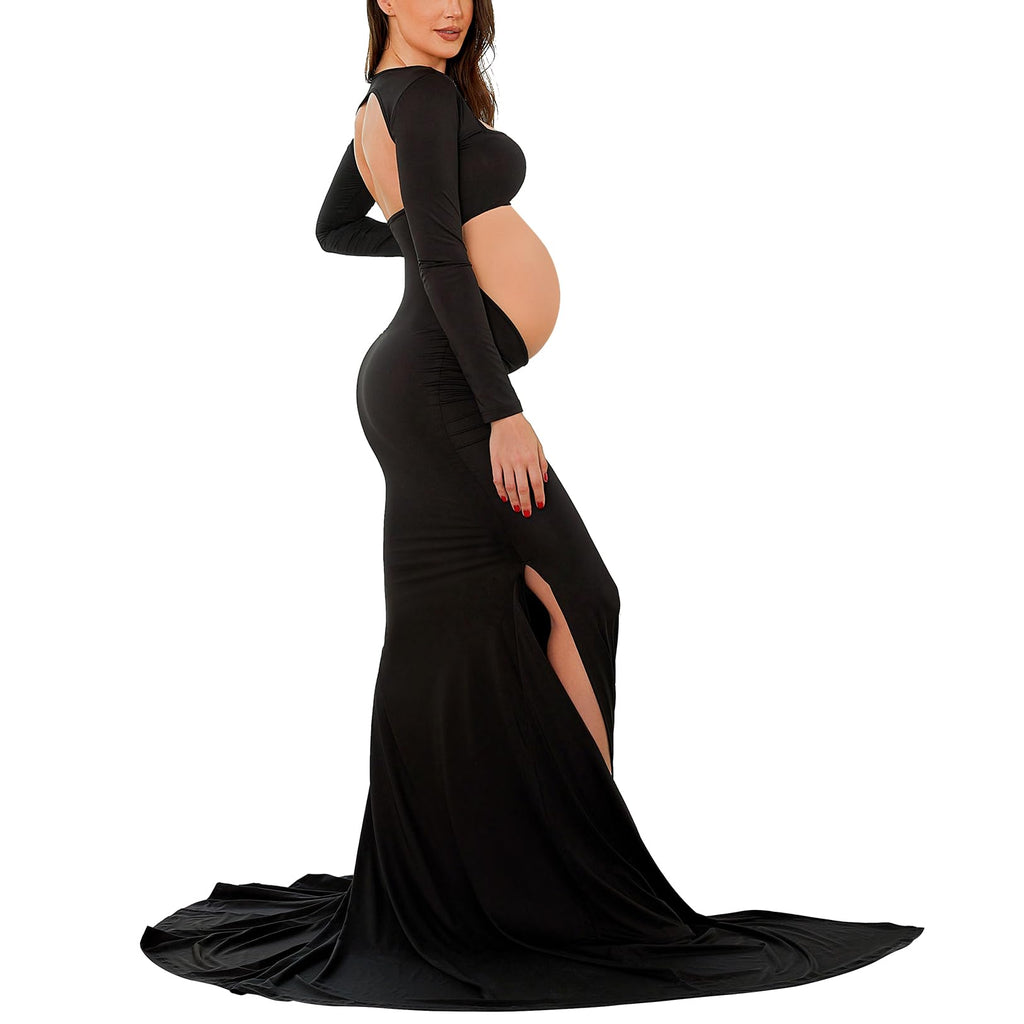 Bhome Maternity Dress for Photoshoot Cut-Out Backless Side Split Maternity Maxi Gown for Photoshoot