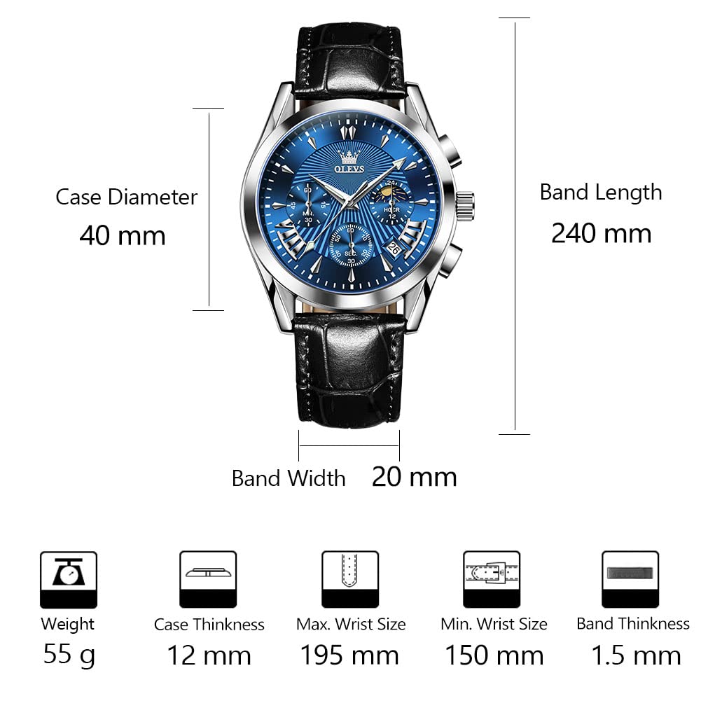 OLEVS Men's Casual Leather Watch, Big Face Chronograph Watch for Men, Fashion Easy to Read Dress Watch, Men's Waterproof Luminous Date Analog Watch, Gold/Black/White/Blue Dial