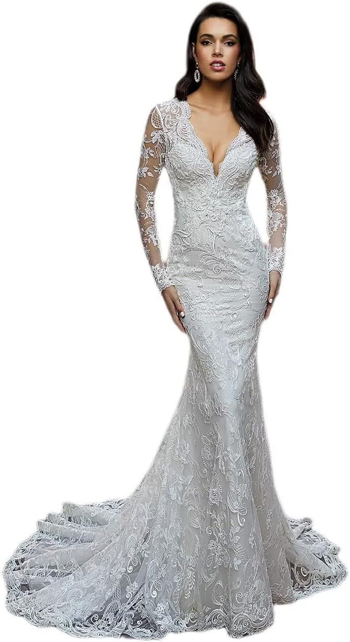 Boho Wedding Dress for Bride Mermaid Lace Applique Beach Bridal Gowns BOFD5