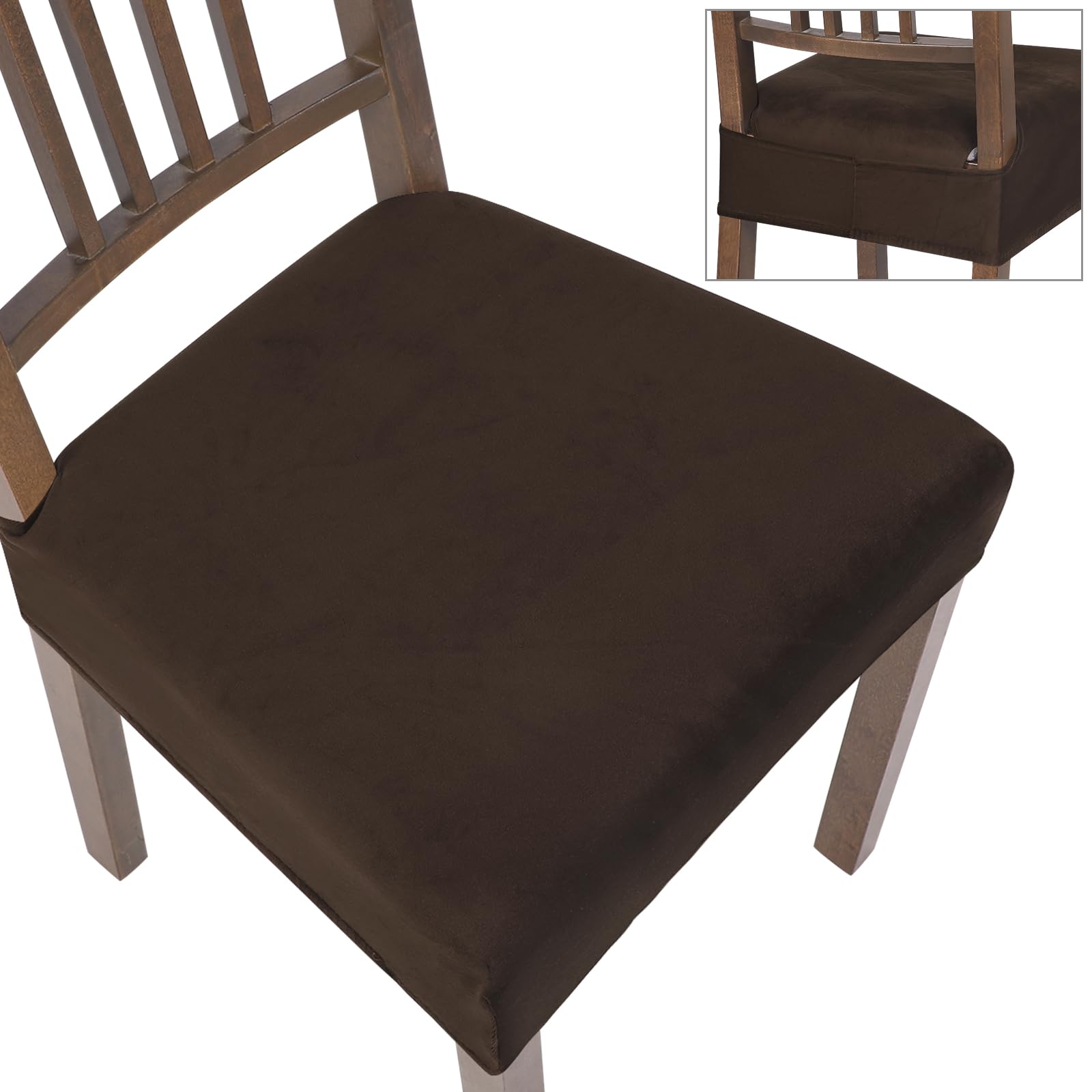SearchI Stretch Dining Chair Seat Covers Set of 6, Soft Removable Washable Seat Cover for Dining Chairs, Dining Room Chair Cover Protector (Rear-Covered, Brown)