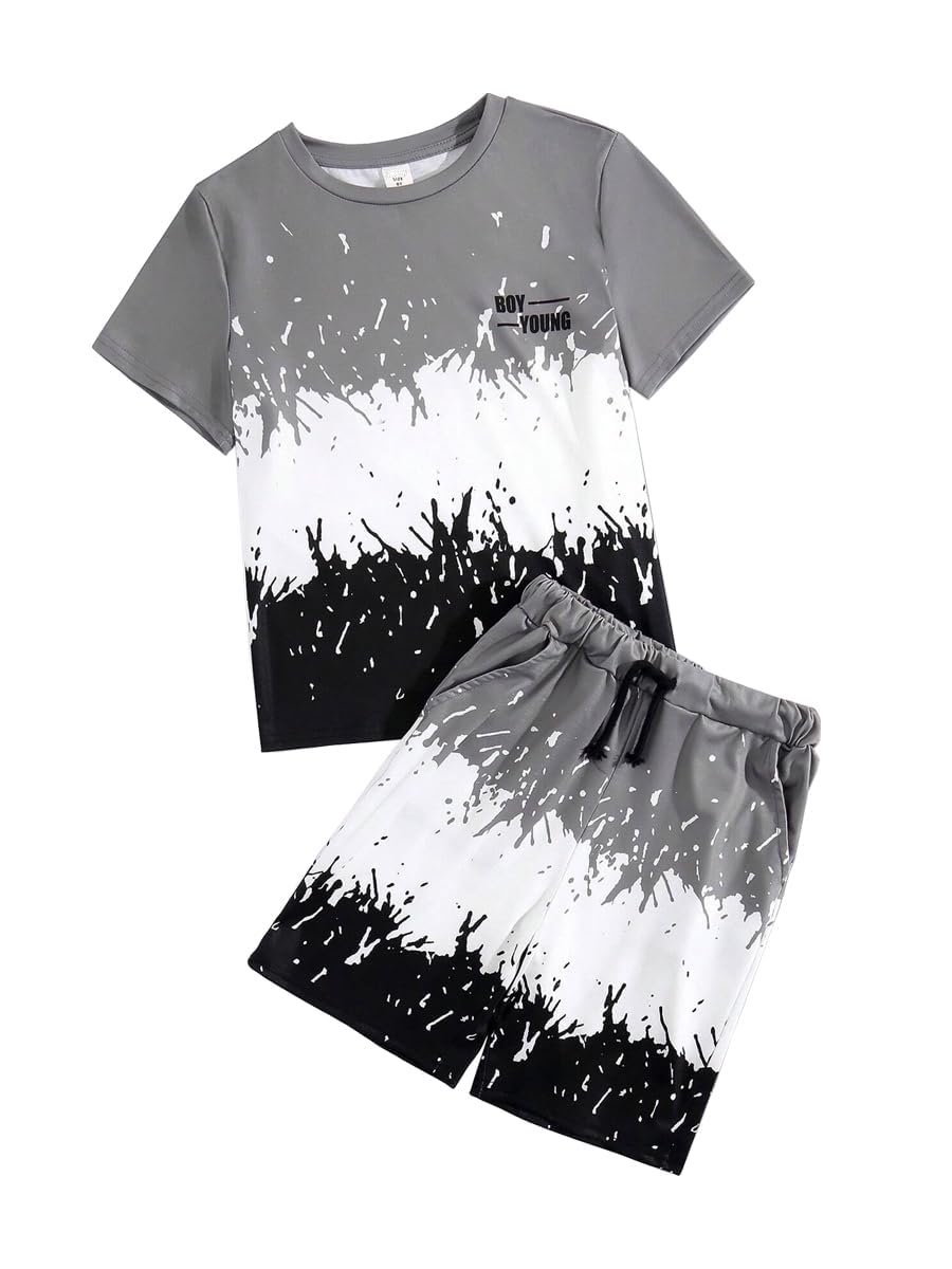 Kids Tween Boy Casual Clothing Set Letter Graphic Colorblock Tee +Shorts Summer Clothing Set 4-14 Years