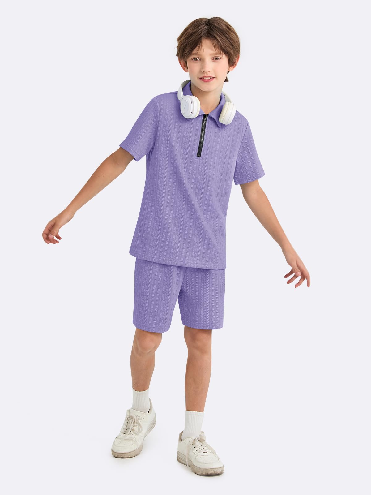 Haloumoning Boys 2 Piece Summer Outfits Kids Quarter Zip Polo Shirt and Shorts Set Athletic Tracksuit 5-14 Years