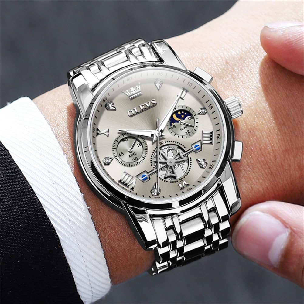 OLEVS Watches Men Waterproof Luxury Big Face Mens Watch Stainless Steel Quartz Analog Dress Watches for Men Luminous Multifunction Man Watch Relojes De Hombre