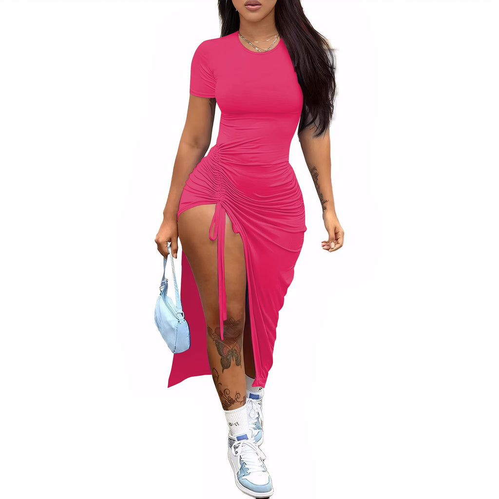 Nimsruc Women Sexy Summer Dresses Short Sleeve Thigh-high Slit Ruched Bodycon Maxi Club Cocktail Party Dress