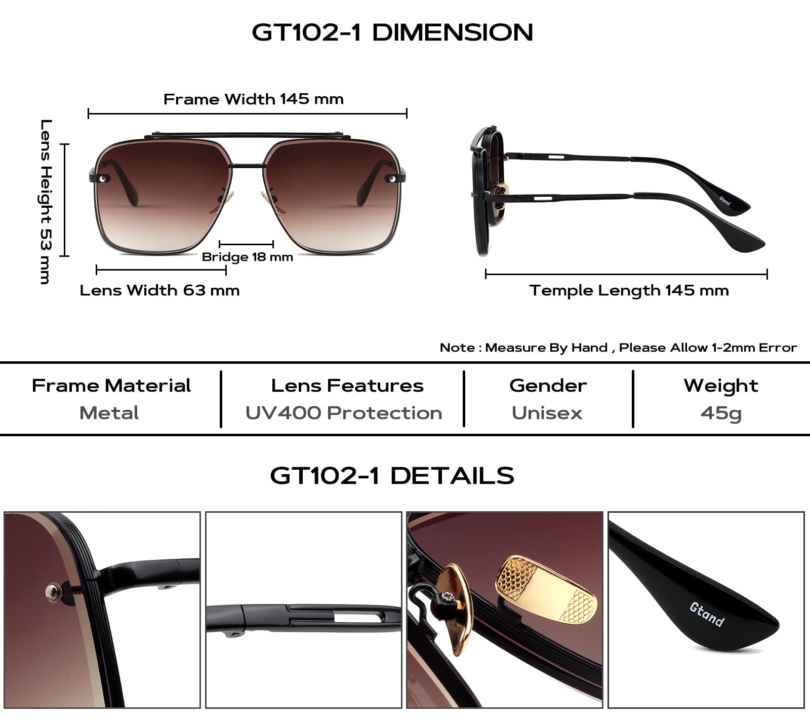 Gtand Fashion Oversized Square Aviator Gradient Sunglasses For Men Women Vintage Metal Sun Glasses 63mm