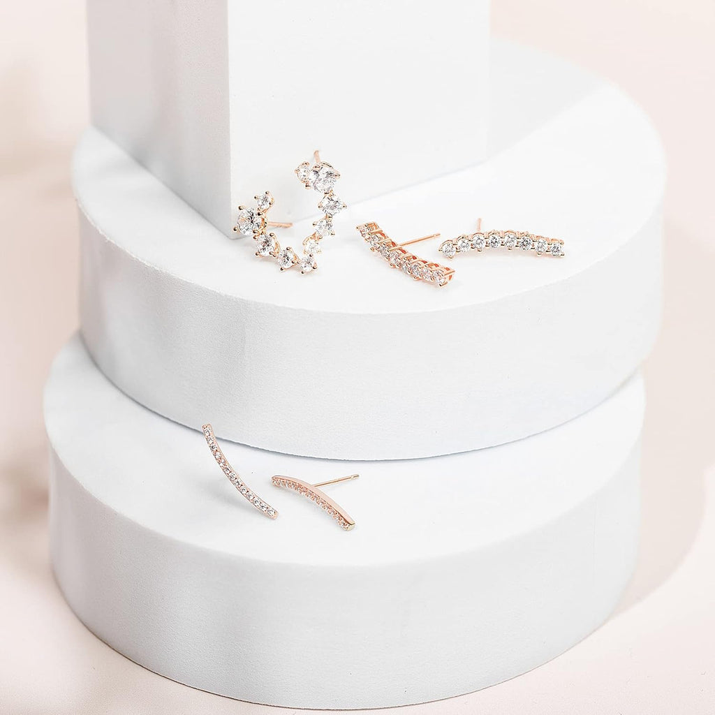 PAVOI 14K Gold Plated Cubic Zirconia Ear Crawler Stud Earrings for Women - Faux Diamond Arrow Climber Fashion Earrings - Trendy Earscape Statement Jewelry