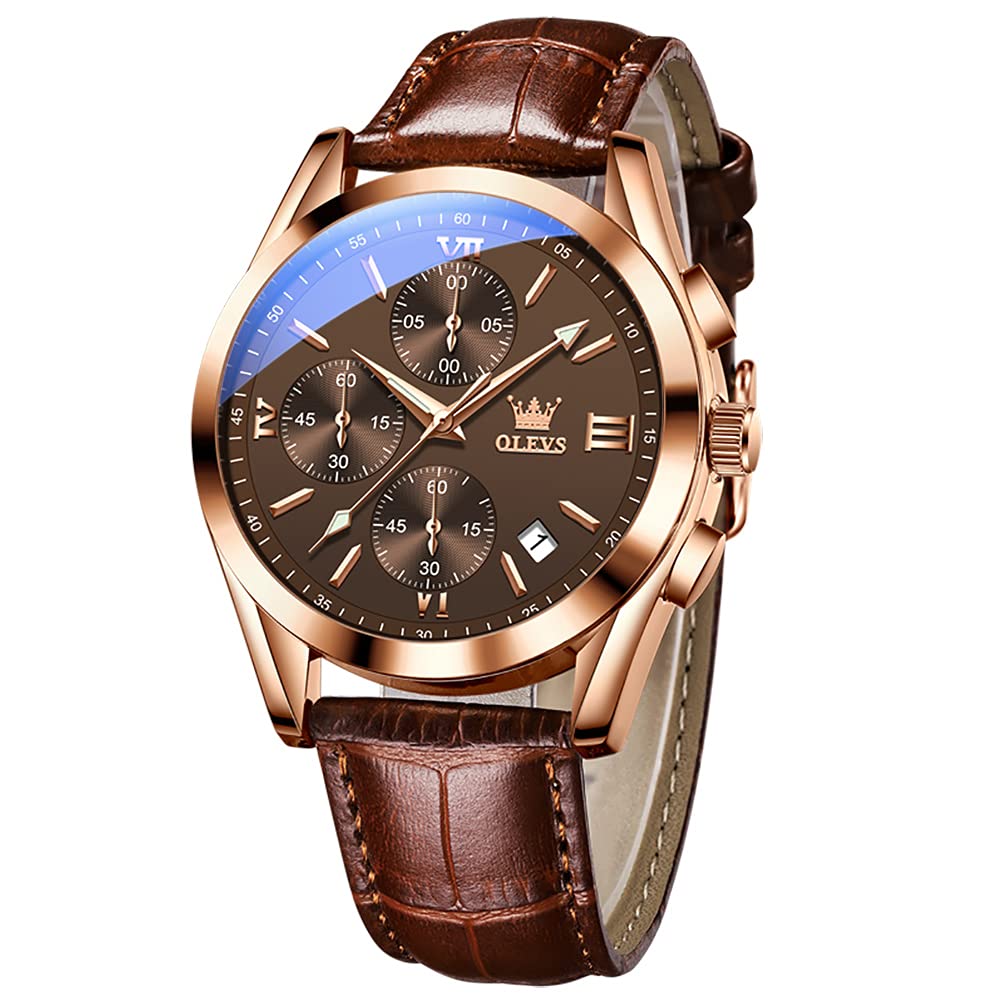 OLEVS Men's Casual Leather Watch, Big Face Chronograph Watch for Men, Fashion Easy to Read Dress Watch, Men's Waterproof Luminous Date Analog Watch, Gold/Black/White/Blue Dial