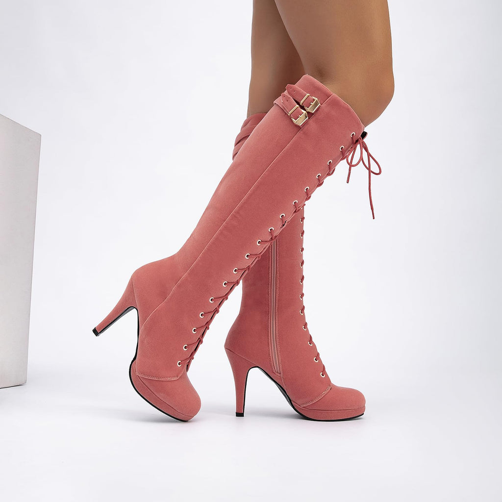 getmorebeauty Womens Knee High Boots Suede Buckle Rock Lace Up Zipped Thigh High Heel Boots
