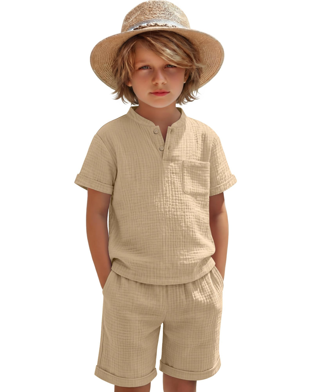 Boys 2 Piece Cotton Outfits 5-14Y Short Sleeve Button Down Shirt Shorts Pockets Summer Clothes Henley Casual Set