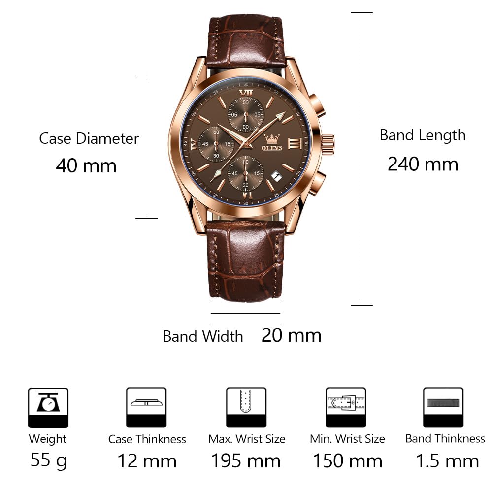 OLEVS Men's Casual Leather Watch, Big Face Chronograph Watch for Men, Fashion Easy to Read Dress Watch, Men's Waterproof Luminous Date Analog Watch, Gold/Black/White/Blue Dial