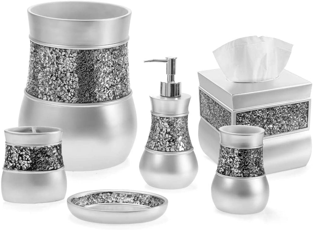 Creative Scents Crackled Glass Silver Bathroom Accessory Set – 4-Piece Vanity Set Includes: Lotion Soap Dispenser, Toothbrush Holder, Tumbler, and Soap Dish