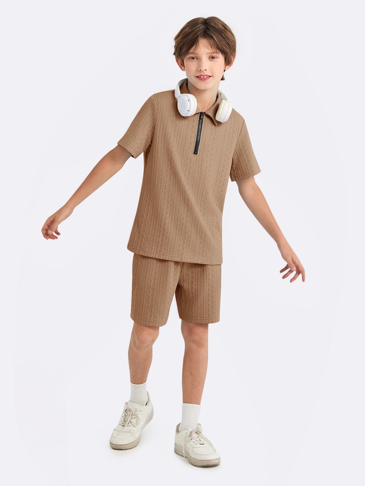 Haloumoning Boys 2 Piece Summer Outfits Kids Quarter Zip Polo Shirt and Shorts Set Athletic Tracksuit 5-14 Years